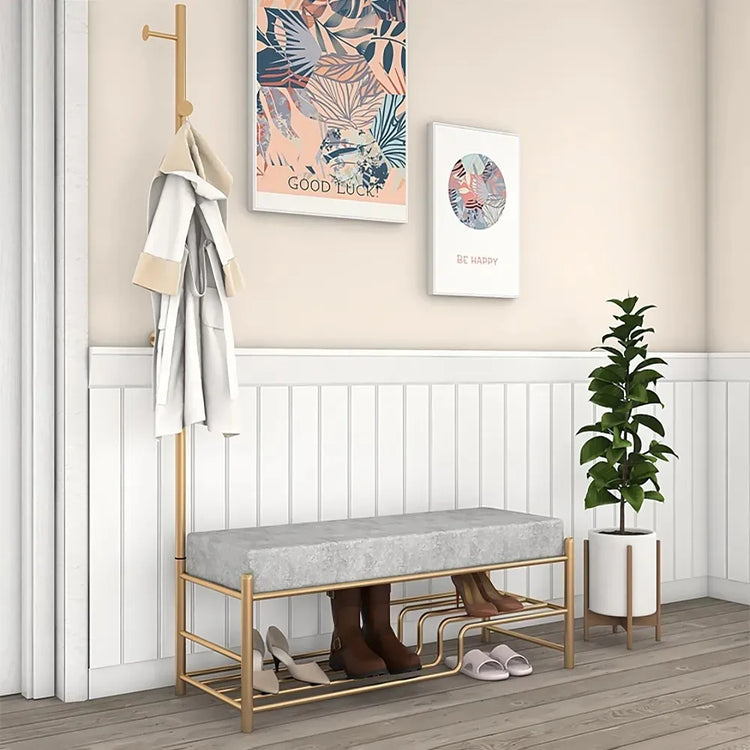 Banc de rangement pour chaussures en velours avec arbre à manteau