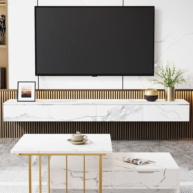 Meuble TV flottant en placage de marbre