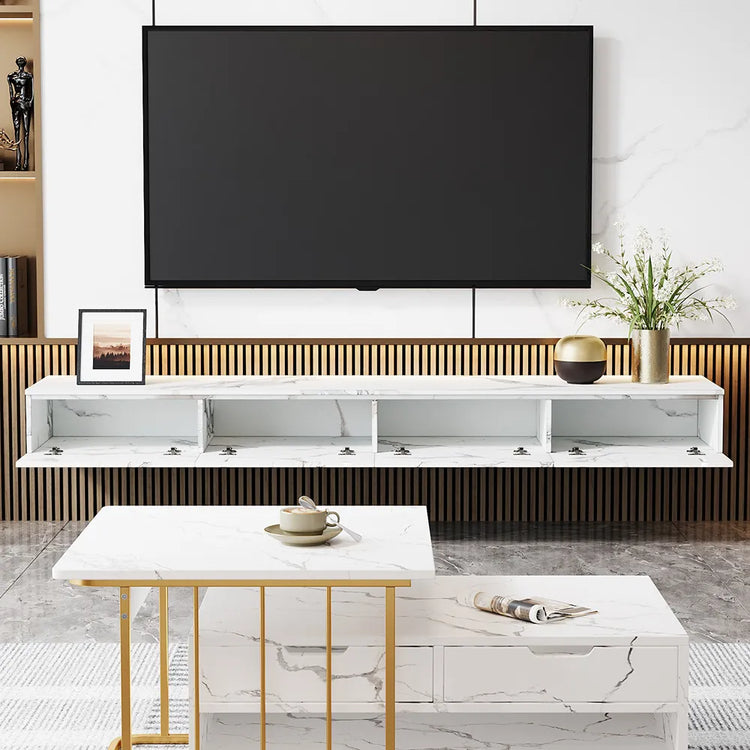 Meuble TV flottant en placage de marbre