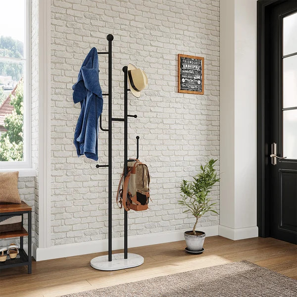 Porte-Manteau Sur Pied Minimaliste Métal & Marbre – 3 Crochets + Barre, 160 Cm Or & Blanc Moderne